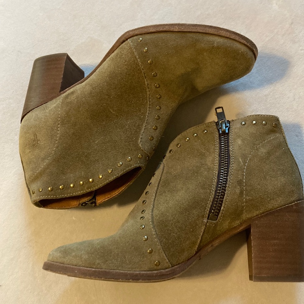 Frye Leather Suede Studded Zip Ankle Bootie Sz 5.5 B Block Heel